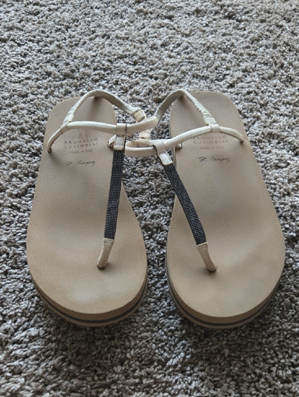 Brunello Cucinelli Cream Leather T-Strap Sandals with Black Beaded Accent
